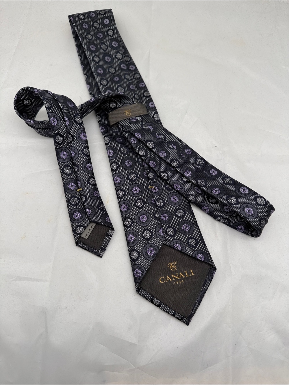 Canali Black Tie with Purple Medallion Pattern